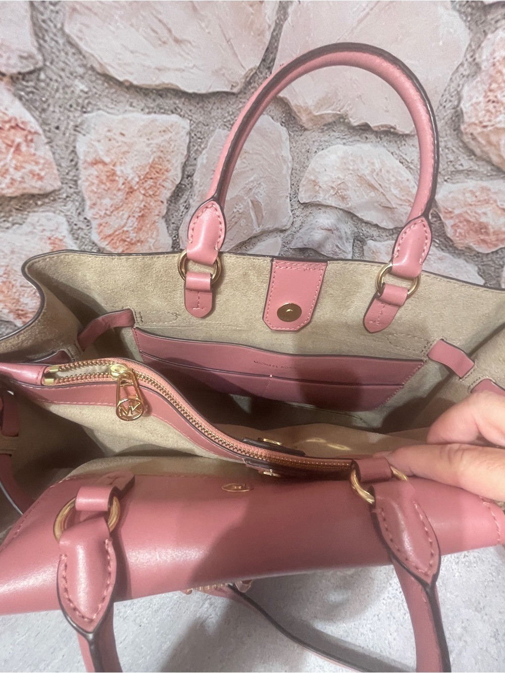 Michael Kors Rose Pink Center Stripe Legacy Hamilton Satchel & Matching Wallet - Picture 9 of 14